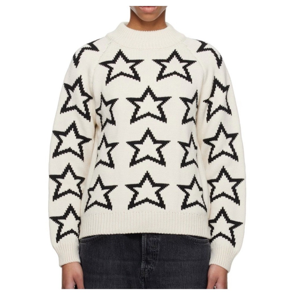 RE/DONE‎ Women's Beige & Black Mock Neck Star Sweater 100% Wool LARGE NEW $525